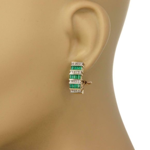 Estate Diamond Emerald 14kGold 8.5mm Wide Earrings - Picture 2 of 4